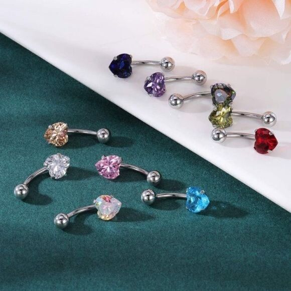 14G 316L Heart Cubic Zirconia Barbell Belly Button Navel Rings - Set of 10 - Picture 4 of 7